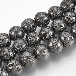 Gunmetal Plaqué Brins de perles de pierre de lave naturelle galvanisées, ronde, cahoteuse, plaqué gris anthracite, 12~13mm, Trou: 1mm, Environ 31 pcs/chapelet, 15.7 pouce