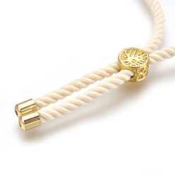 Cornsilk Cotton Cord Bracelet Making, with Brass Findings, Flat Round with Tree of Life, Real 18K Gold Plated, Cornsilk, 8-5/8 inch(22cm), Hole: 2mm