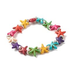 Colorful Starfish/Sea Stars Synthetic Turquoise(Dyed) Beaded Stretch Bracelet with Rhinestone, Gemstone Jewelry for Women, Colorful, Inner Diameter: 2-1/8 inch(5.3cm)
