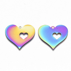 Rainbow Color Ионное покрытие на день святого валентина (ip) 201 подвески из нержавеющей стали, гравированные металлические украшения, Сердце с сердцем, Радуга цветов, 27x29x0.3 мм, отверстие : 2 мм