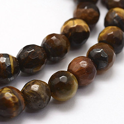 Tiger Eye Faceted Natural Tiger Eye Beads Strands, Round, 6mm, Hole: 1mm, about 60pcs/strand, 14.7 inch