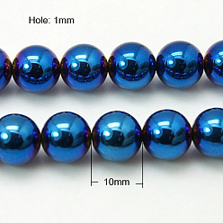 Blue Plated Non-Magnetic Synthetic Hematite Beads Strands, Blue Plated, Round, Blue Plated, 10mm, Hole: 1mm 39pcs/strand, 15.5 inch.