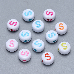 Letter S Craft Acrylic Horizontal Hole Letter Beads, Flat Round, Mixed Color, Letter.S, 7x3.5~4mm, Hole: 1.5mm, about 3600pcs/500g