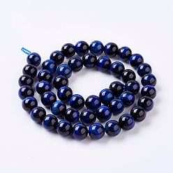 Dark Blue Natural Tiger Eye Bead Strands, Round, Dark Blue, 8mm, Hole: 1mm, about 47~50pcs/strand, 14.9 inch