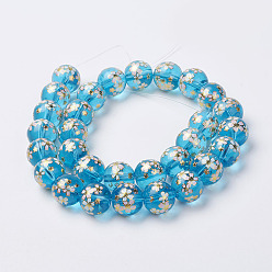 Deep Sky Blue Handmade Lampwork Beads Strands, Flower Picture Brushwork, Round, Deep Sky Blue, 11~12mm, Hole: 1mm, about 30pcs/strand, 13.31 inch(33.8cm)