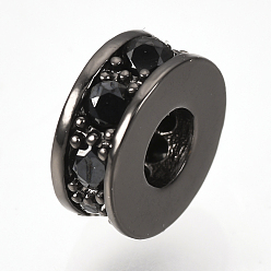 Gunmetal Brass Micro Pave Cubic Zirconia Beads, Flat Round, Black, Gunmetal, 7x3mm, Hole: 3mm