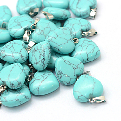 Synthetic Turquoise Heart Dyed Synthetic Turquoise Pendants, with Platinum Tone Brass Findings, 17~19x15~16x5~8mm, Hole: 2x7mm