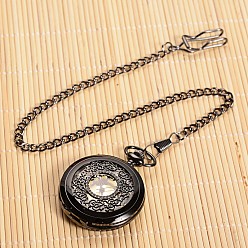 Bronze Ouvrable plat alliage ronde montre de poche pendentif, montres à quartz, avec une chaîne en fer, gris anthracite, 355 mm, tête de montre: 59x47x14 mm