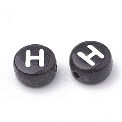 Letter H Opaque Acrylic Beads, Horizontal Hole, Alphabet Style, Flat Round, Letter.H, 7x4mm, Hole: 1.5mm, about 3700pcs/500g
