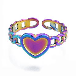 Rainbow Color Ion Plating(IP) 304 Stainless Steel Heart with Chain Cuff Rings, Open Rings for Women Girls, Rainbow Color, US Size 6(16.9mm)
