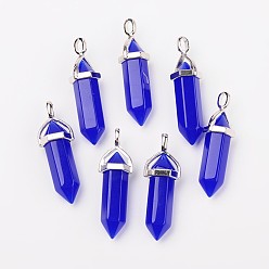 Mauve Bullet Imitation Jade Glass Pointed Pendants, with Alloy Findings, Mauve, 39x12mm, Hole: 3x4mm