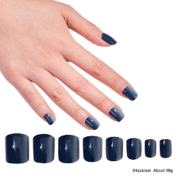 Prussian Blue Nail Art Sets, with 24pcs Plastic Nail Tips, 24pcs Double Side Jelly Nail Glue , Prussian Blue, 14.5~23x7~14mm, about 24pcs/set