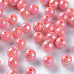 Salmon Opaque Acrylic Beads, AB Color Plated, Round, Salmon, 8x7mm, Hole: 2mm, about 1745pcs/500g