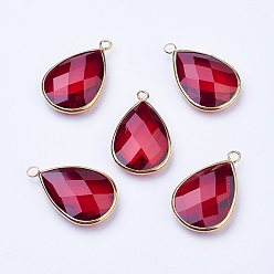 Dark Red Golden Tone Brass Glass Teardrop Pendants, Faceted, Dark Red, 22x13x5mm, Hole: 2mm