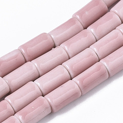 Pink Фарфоровые бусины ручной работы, яркие остеклением стиль фарфора, колонка, розовые, 10~10.5x6 мм, отверстие : 2 мм