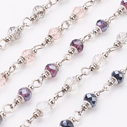 Mixed Color Faceted Glass Handmade Beaded Chains, Unwelded, with Iron Eye Pin and Brass Bead Spacer, Platinum, Mixed Color, 39.37 inch, 1m/strand