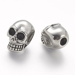Antique Silver 304 Stainless Steel European Beads, Skull, Large Hole Beads, Antique Silver, 17x11x13mm, Hole: 4mm
