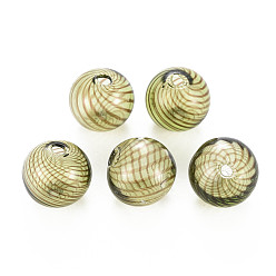 Yellow Green Transparent Handmade Blown Glass Globe Beads, Stripe Pattern, Round, Yellow Green, 12.5~13.5mm, Hole: 1~2mm