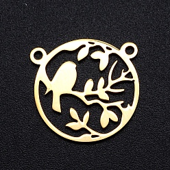 Golden 201 Stainless Steel Pendants, Filigree Joiners Findings, Laser Cut, Round Ring with Branch with Bird, Golden, 17.5x18x1mm, Hole: 1.5mm