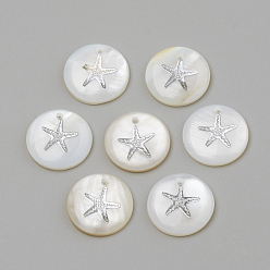 Platinum Freshwater Shell Pendants, Flat Round & Starfish/Sea Stars, Platinum, 16x3.5~4mm, Hole: 1.2mm