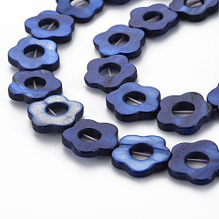 Blue Freshwater Shell Beads Frames Strands, Dyed, Flower, Blue, 14.5~15x15~16x2.5mm, Hole: 1mm, about 23pcs/strand, 13.19 inch(35cm)