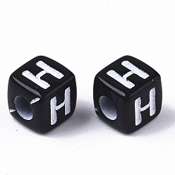 Letter H Opaque Acrylic Beads, Horizontal Hole, Alphabet Style, Cube, Black & White, Letter.H, 5x5x5mm, Hole: 2mm, about 5000pcs/500g