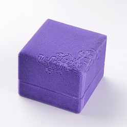 Mauve Boîtes à bagues carrées en velours, motif de fleur, coffrets cadeaux de bijoux, mauve, 6x6x5 cm