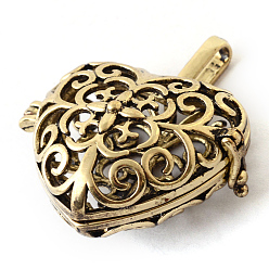 Antique Bronze Rack Plating Brass Cage Pendants, For Chime Ball Pendant Necklaces Making, Hollow Heart, Antique Bronze, 30x34x18mm, Hole: 3.5x7mm, inner measure: 22x25mm