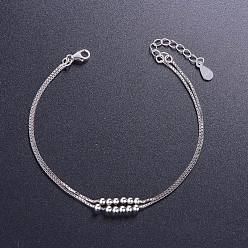 Platinum SHEGRACE Rhodium Plated 925 Sterling Silver Double Layered Bracelet, with Tiny Beads, Multi-strand Bracelets, Platinum, 160mm(6-1/4 inch)