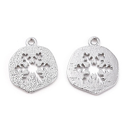 Real Platinum Plated Brass Charms, Nickel Free, Real Platinum Plated, Flat Round with Snowflake, 14x12x1mm, Hole: 1mm