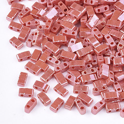 FireBrick 2-Hole Opaque Glass Seed Beads, Lustered, Rectangle, FireBrick, 4.5~5.5x2x2~2.5mm, Hole: 0.5~0.8mm