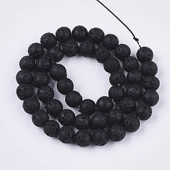 Noir Brins de perles de pierre de lave naturelle peintes à la bombe, ronde, noir, 10~11mm, Trou: 1.4mm, Environ 37~39 pcs/chapelet, 14.96 pouce (38 cm)