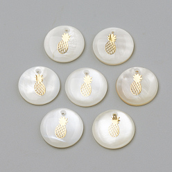 Golden Freshwater Shell Pendants, Flat Round & Pineapple, Golden, 16x3.5~4mm, Hole: 1.2mm