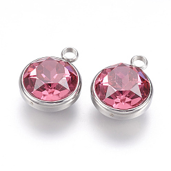 Rose Chaud K 9 pendentifs en strass de verre, charmes de pierre de naissance octobre, avec 304 accessoires en acier inoxydable, plat rond, rose chaud, 18x14x9mm, Trou: 2.5mm