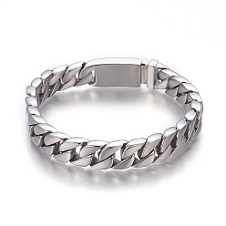 Stainless Steel Color 304 Stainless Steel Curb Chain Bracelets, with Rhinestone, Stainless Steel Color, 8-3/4 inch(22.3cm), 11.5~13x5~7.5mm