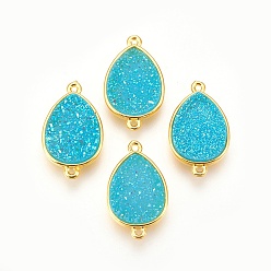 Cyan Brass Links connectors, with Druzy Resin, teardrop, Golden, Cyan, 22x13x4~5mm, Hole: 1mm