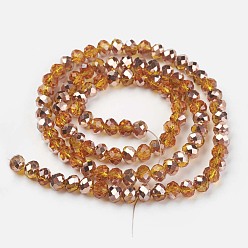 Orange Foncé Plaquent verre transparent perles brins, la moitié du cuivre plaqué, facette, rondelle, orange foncé, 6x5mm, Trou: 1mm, Environ 85~88 pcs/chapelet, 16.1~16.5 pouce (41~42 cm)