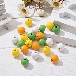 Mixed Color 160Pcs 4 Colors Farmhouse Country and Rustic Style Painted Natural Wood Beads, with Waterproof Vacuum Packing, Round, Gold & Green & Yellow & White, 16mm, Hole: 4mm, 40pcs/color