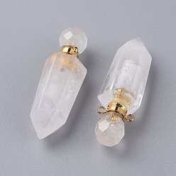 Quartz Crystal Faceted Natural Quartz Crystal Openable Perfume Bottle Pointed Pendants, Rock Crystal, with Golden Plated 304 Stainless Steel Findings, Bullet, 44~46x15x13~13.5mm, Hole: 1.8mm, Bottle Capacity: 1ml(0.034 fl. oz)