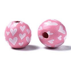 Hot Pink Painted Natural Wood European Beads, Large Hole Beads, Printed, Round with Heart, Hot Pink, 16x15mm, Hole: 4mm