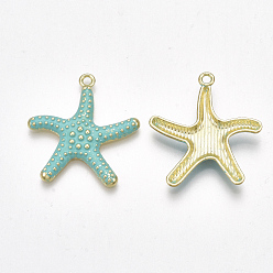 Medium Aquamarine Spray Painted Alloy Pendants, Starfish/Sea Stars, Light Gold, Medium Aquamarine, 29x27x3mm, Hole: 2mm