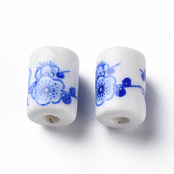 Королевский синий Фарфоровые бусины ручной работы, Famille выросли стиле, колонки с цветочным узором, королевский синий, 12.5x8.5 мм, отверстие : 3 мм