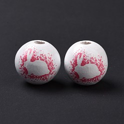 Camellia Easter Theme Printed Wood European Beads, Large Hole Beads, Round with Rabbit Pattern, Camellia, 16x14.5mm, Hole: 4mm