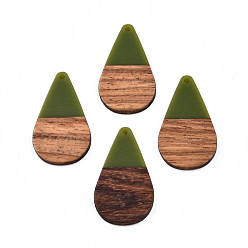 Olive Opaque Resin & Walnut Wood Pendants, Teardrop Shape Charm, Olive, 38x22x3mm, Hole: 2mm