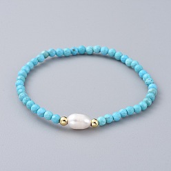 Synthetic Turquoise Synthetic Turquoise(Dyed) Beads Stretch Bracelets, with Brass Beads and Natural Pearl Beads, 2-1/2 inch(6.4cm)