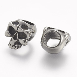 Antique Silver 304 Stainless Steel Beads, Skull, Large Hole Beads, Antique Silver, 11x12x10mm, Hole: 6mm