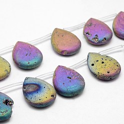 Multi-color Plated Electroplated Natural Quartz Crystal Beads Strands, Top Drilled Beads, Druzy Geode Crystals, Teardrop, Multi-color Plated, 29~30x22x8mm, Hole: 1.5mm, about 6pcs/strand, 6.2 inch