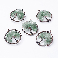 Green Aventurine Natural Green Aventurine Pendants, with Brass Findings, Red Copper, Flat Round with Tree of Life, 29x5~7mm, Hole: 4.5mm