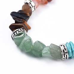 Mixed Stone Chip Natural & Synthetic Mixed Stone Bracelets, with Tibetan Style Alloy Beads and Stainless Steel Findings, 7-1/4 inch(18.5cm)