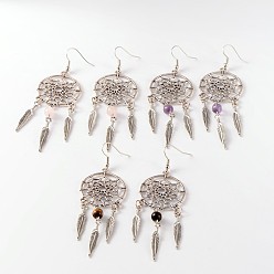 Mixed Stone Alloy Dangle Earrings, with Gemstone Beads, 89mm, Pin: 0.6mm